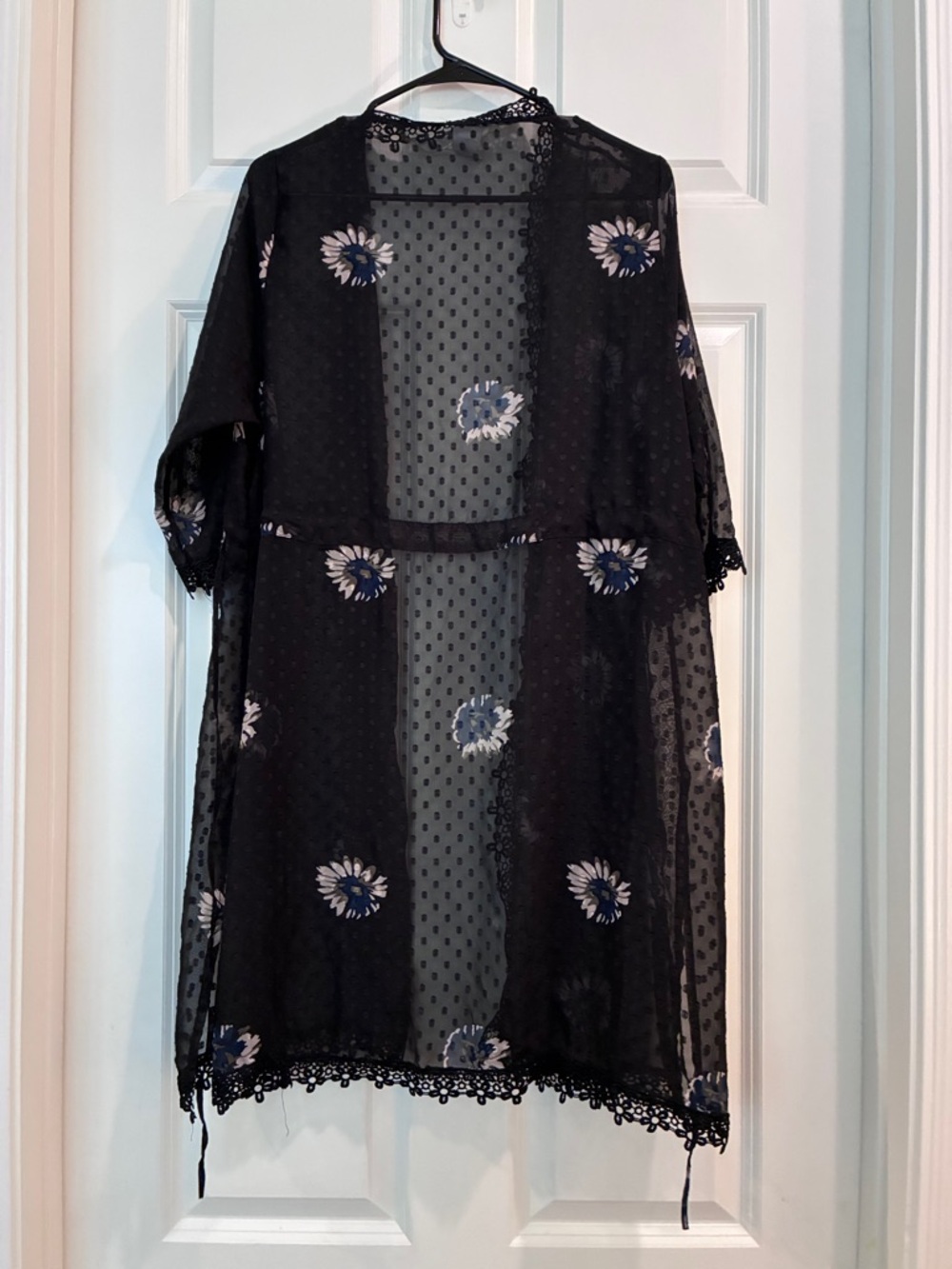 Source Unknown Black Sheer Floral Duster with Blue & White Flowers